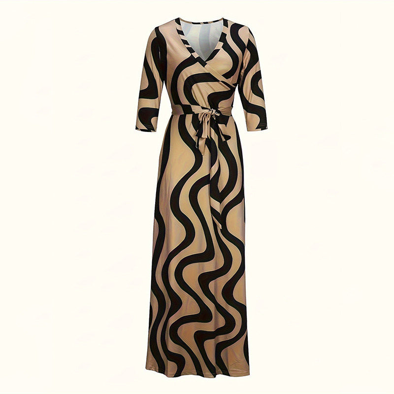 Women Summer Casual Geometric Print 3/4 Sleeve V-Neck Tie Waist Maxi