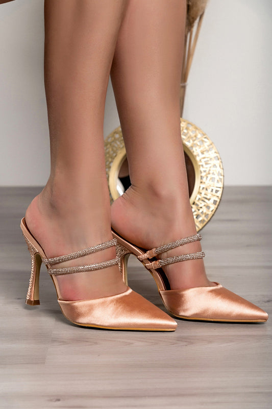 Heeled shoes with rhinestones, beige