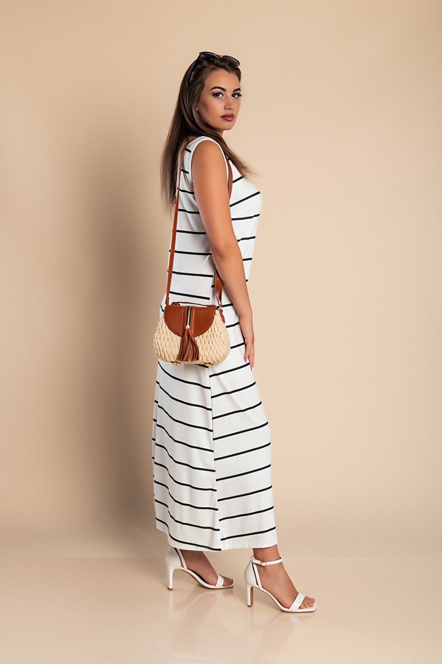 Maxi dress with striped print, white