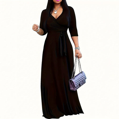 Women Summer Casual Geometric Print 3/4 Sleeve V-Neck Tie Waist Maxi