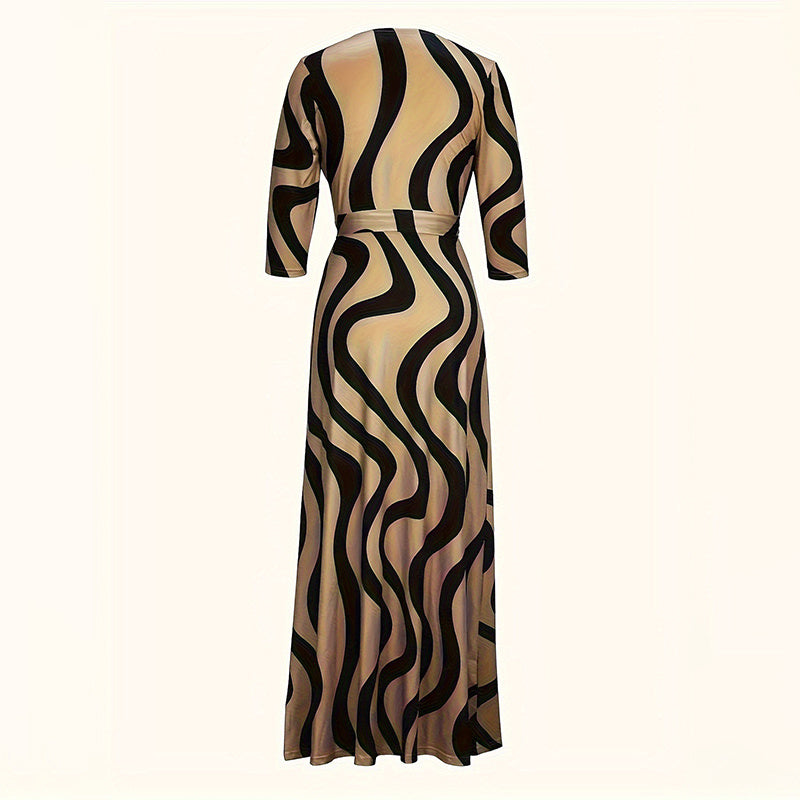 Women Summer Casual Geometric Print 3/4 Sleeve V-Neck Tie Waist Maxi
