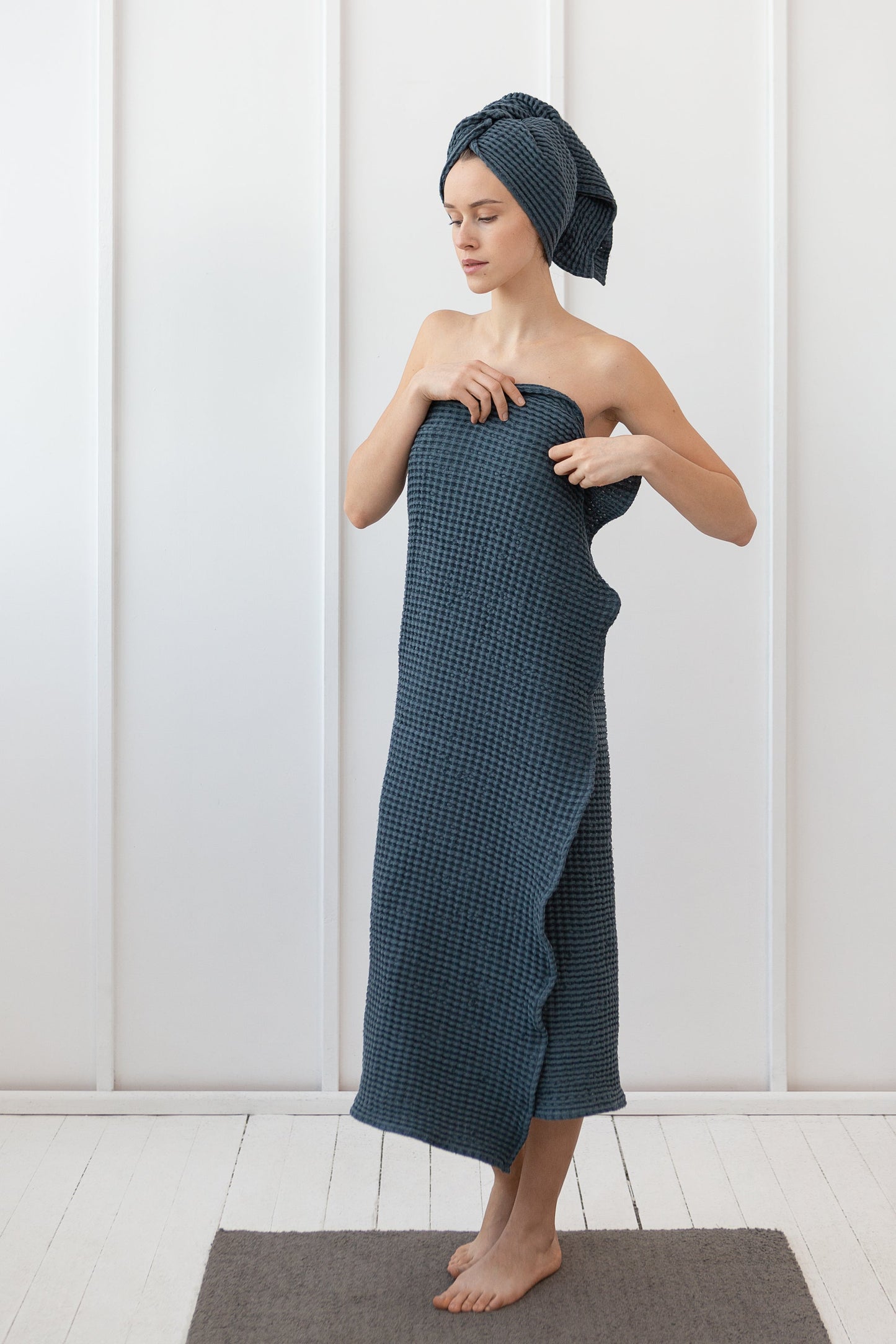 Set of linen waffle towels and robes with hoodie