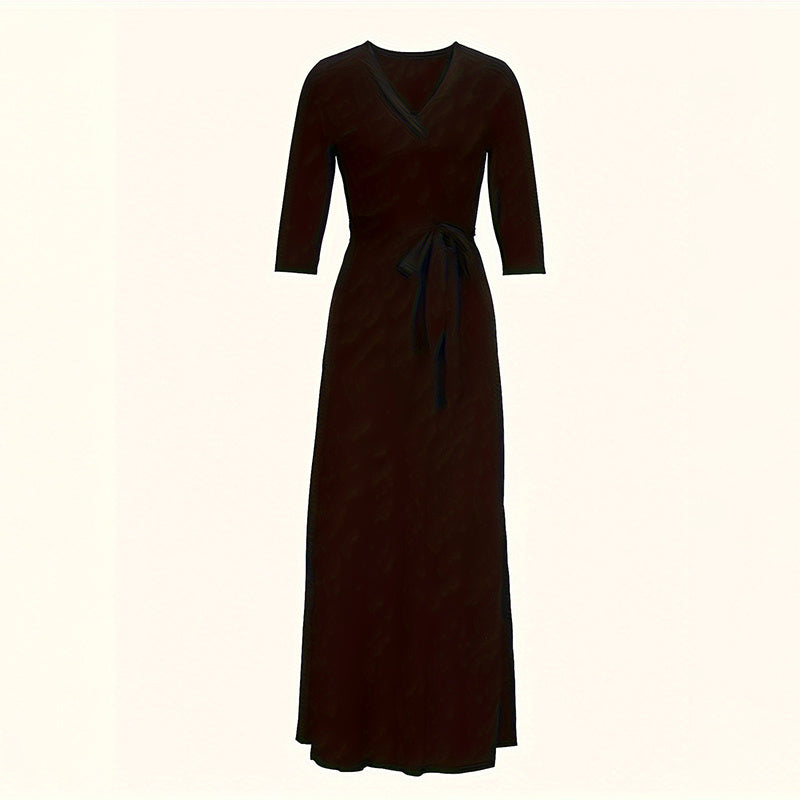 Women Summer Casual Geometric Print 3/4 Sleeve V-Neck Tie Waist Maxi