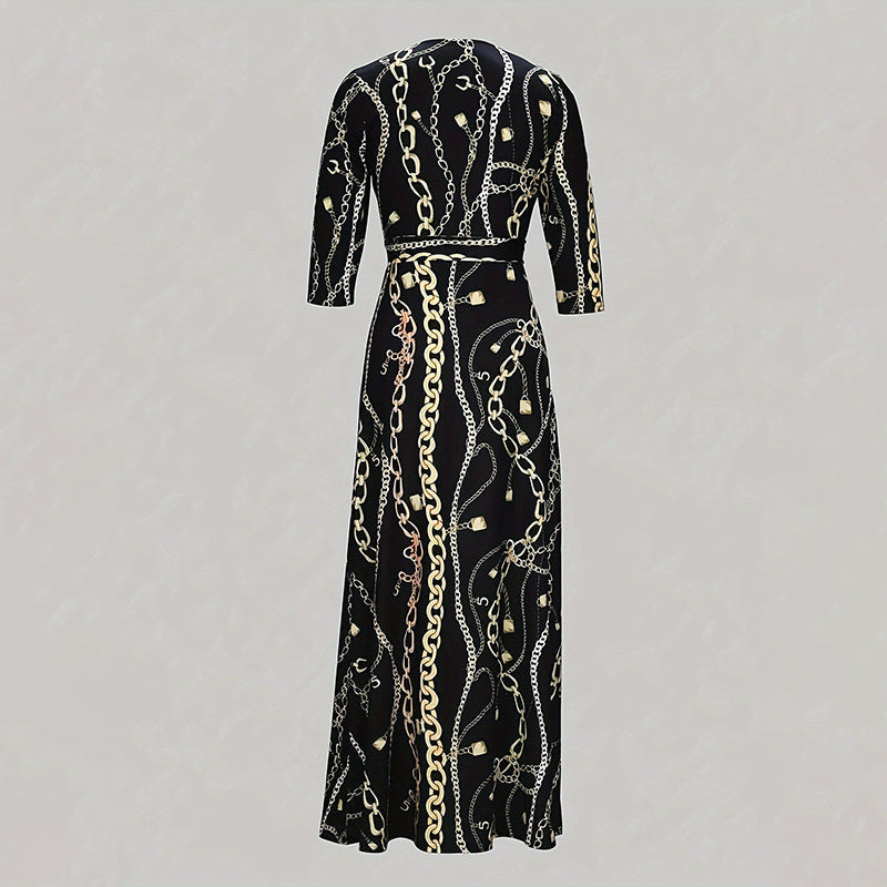 Women Summer Casual Geometric Print 3/4 Sleeve V-Neck Tie Waist Maxi