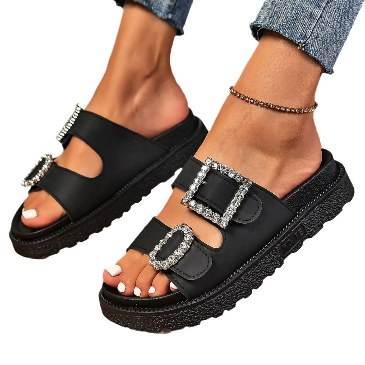 Rhinestone Belt Buckle Platform Sandals Women Shoes