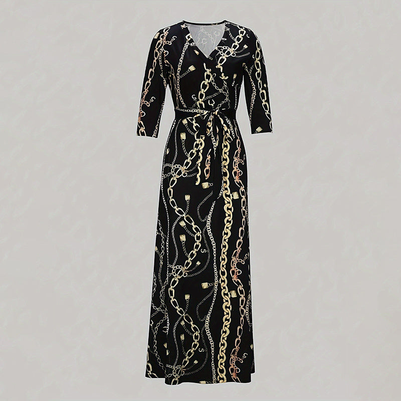 Women Summer Casual Geometric Print 3/4 Sleeve V-Neck Tie Waist Maxi