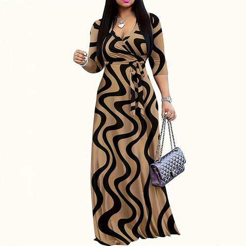 Women Summer Casual Geometric Print 3/4 Sleeve V-Neck Tie Waist Maxi