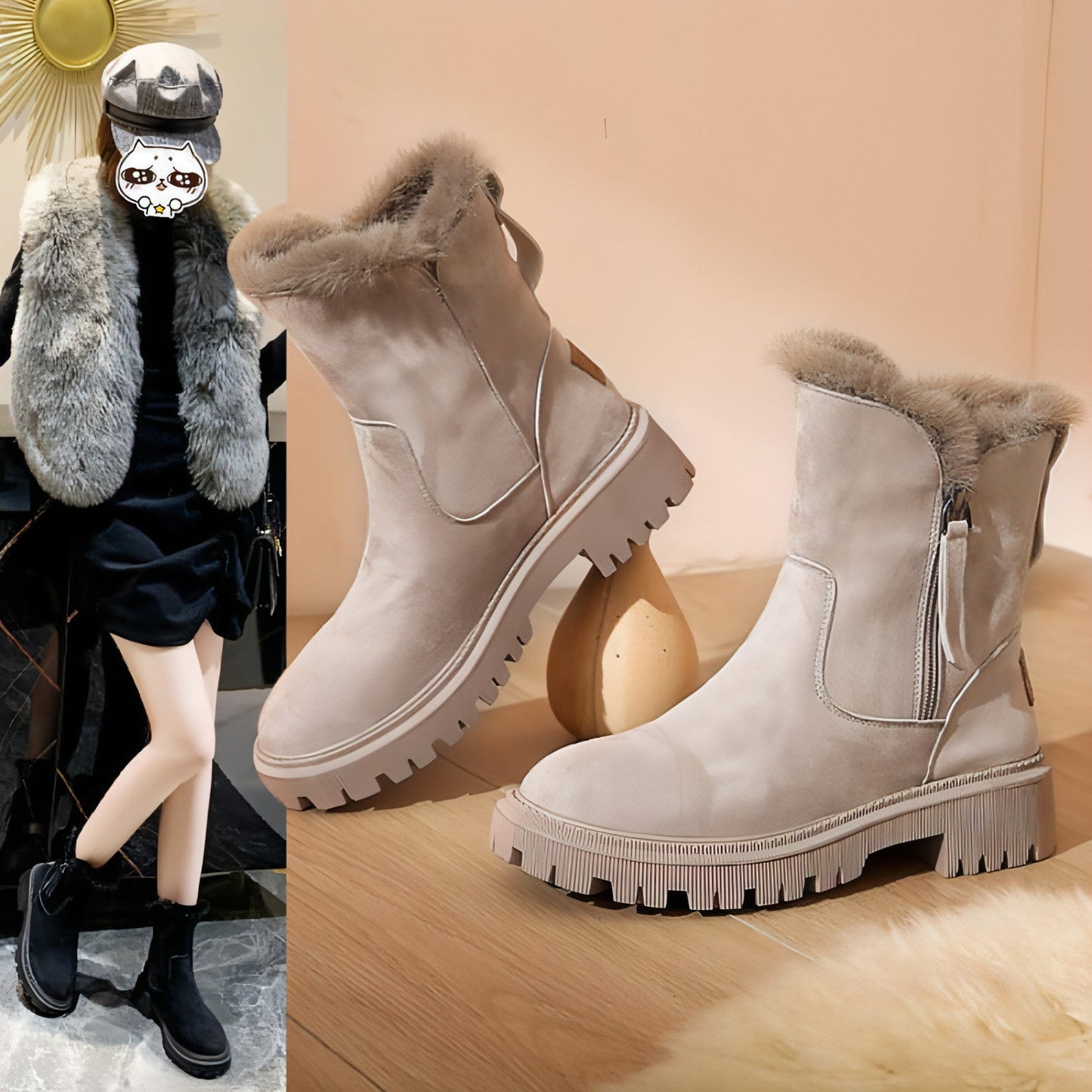 Women's Cotton-padded Shoes Winter New Fur Snow Boots Fleece-lined
