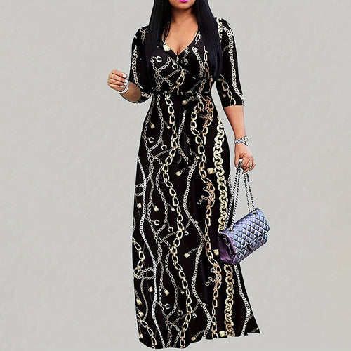 Women Summer Casual Geometric Print 3/4 Sleeve V-Neck Tie Waist Maxi