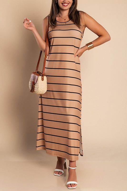 Striped Print Maxi Dress, Khaki