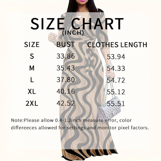 Women Summer Casual Geometric Print 3/4 Sleeve V-Neck Tie Waist Maxi