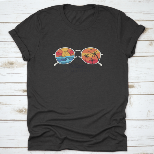 Summer Sun Glasses With Tropical Beach, Plam Tree, Sunset In