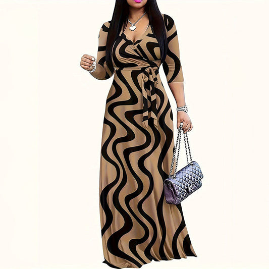 Women Summer Casual Geometric Print 3/4 Sleeve V-Neck Tie Waist Maxi