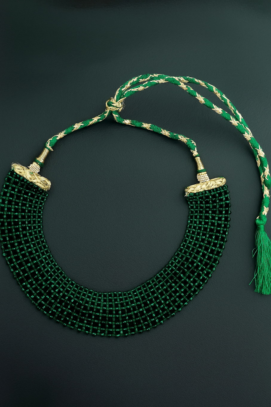 Elegant Green Beaded Necklace with Gold Accents and Tassel Closure