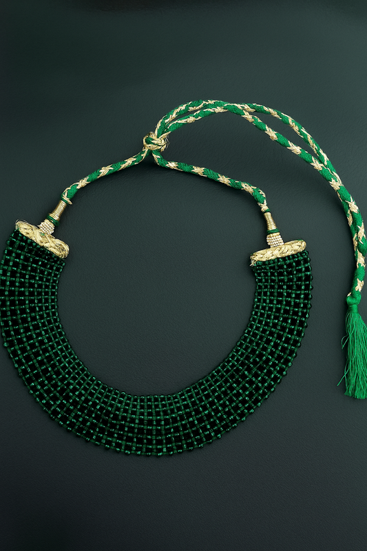 Elegant Green Beaded Necklace with Gold Accents and Tassel Closure