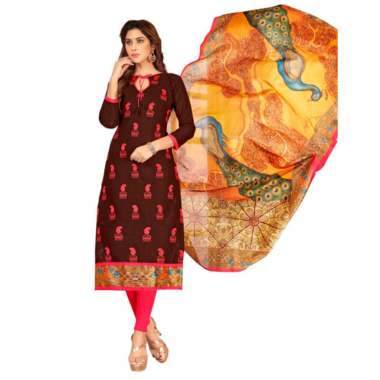 Slub Cotton Fabric Brown Color Dress Material